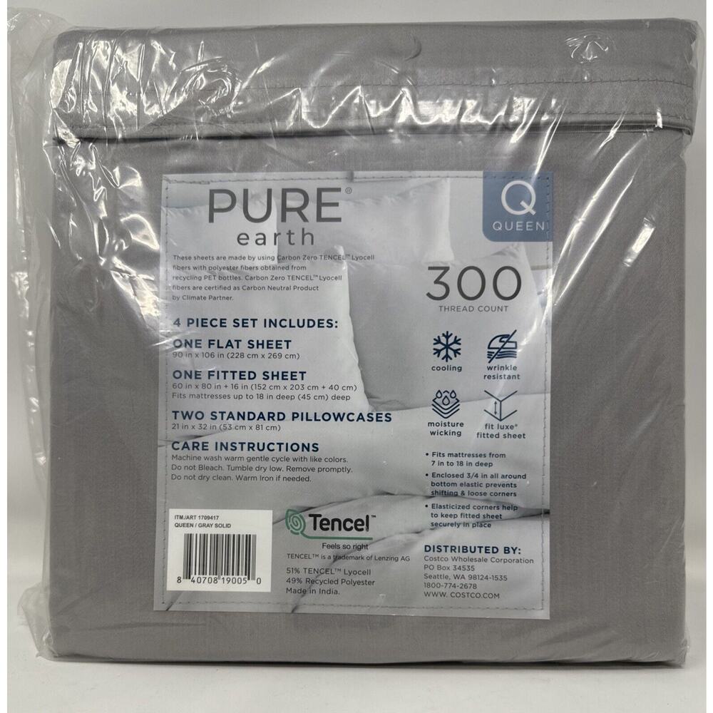 PURE EARTH TENCEL 300 THREAD COUNT 4 PIECE QUEEN SIZE SHEET SET COLOR GRAY NEW